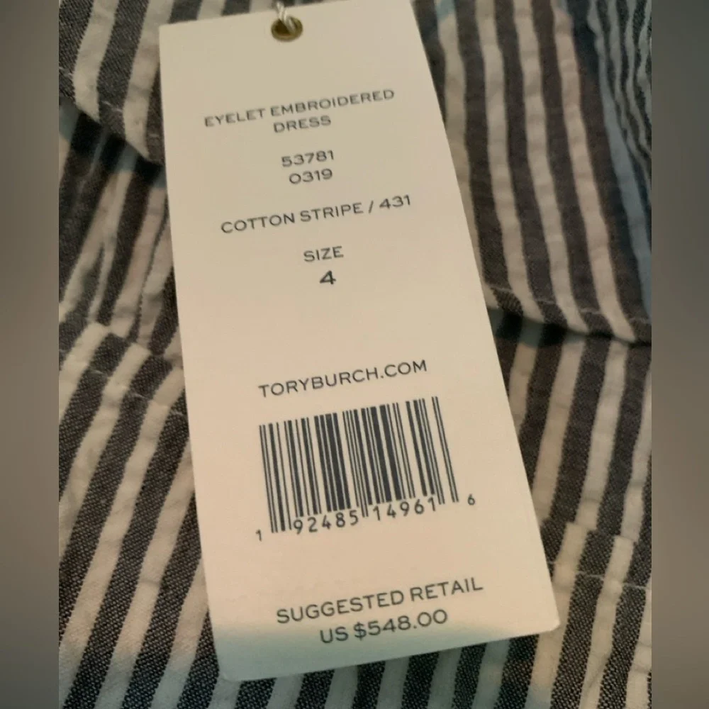 NWT Tory Burch Eyelet Embroidered Seersucker Midi On Off Shoulder Ruffle Dress 4 - Picture 9 of 11